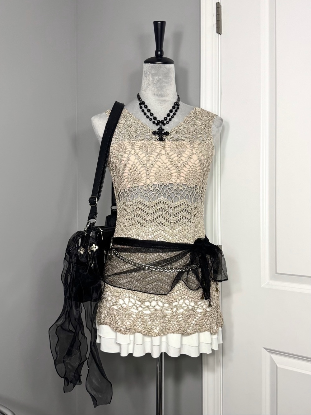 Y2K V Cristina Shimmery Gold Patterned Crochet Tank Top Dress